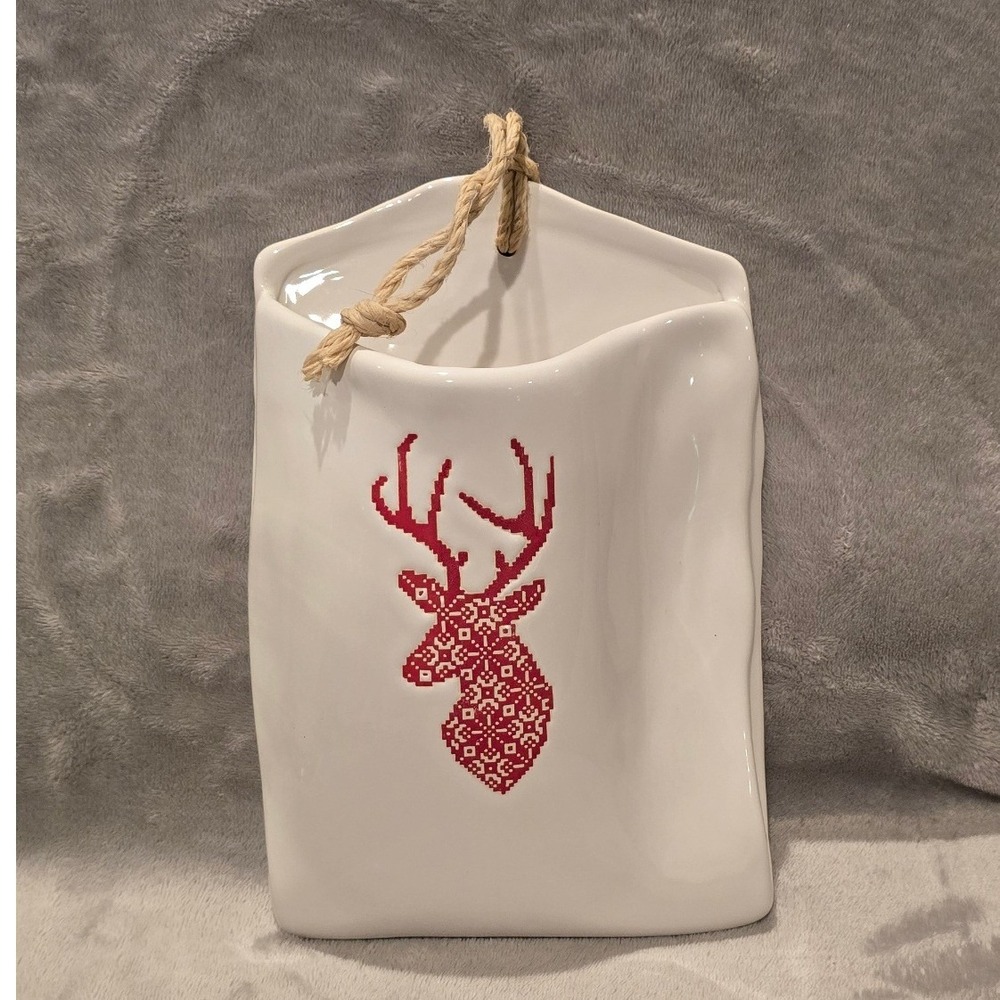 White Ceramic Reindeer Wall Pocket Vase Red Cross Stitch Deer Holiday Decor 15"!